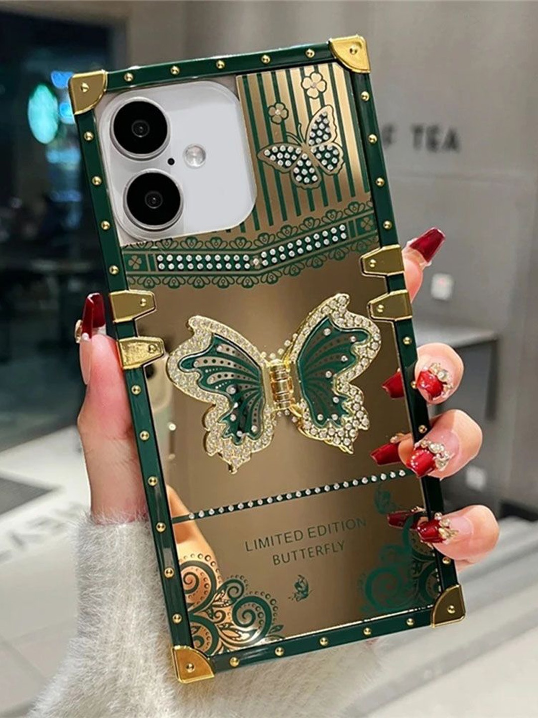 

Luxury Kase Sequined LK162 Elegant Butterfly Stand Back Mirror iPhone 16 Back Case, Gold