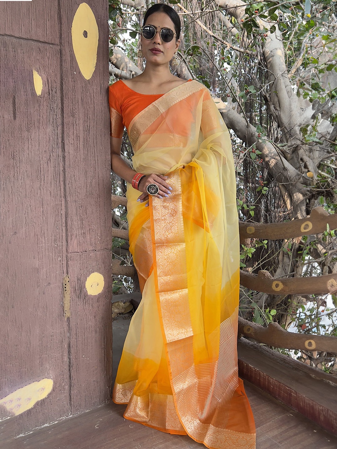 

Mitera Ombre Woven Design Zari Organza Saree, Yellow