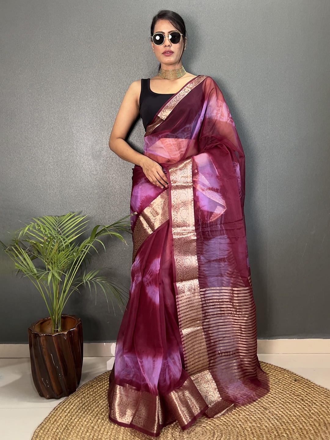 

Mitera Tie and Dye Zari Organza Leheriya Saree, Purple