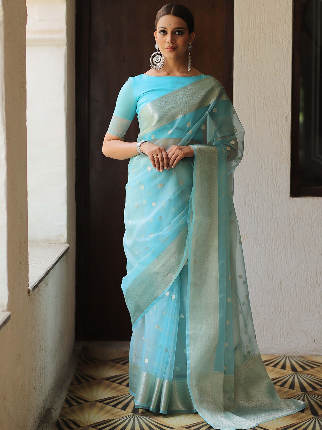 

Mitera Woven Design Zari Organza Banarasi Saree, Blue