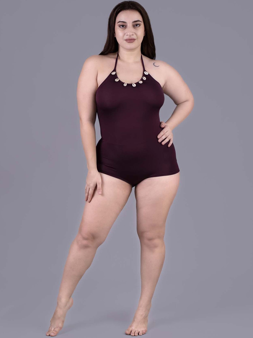 

Keepfit Women One Piece Halter Neck Seashell Detailing Padded Swimsuit, Maroon
