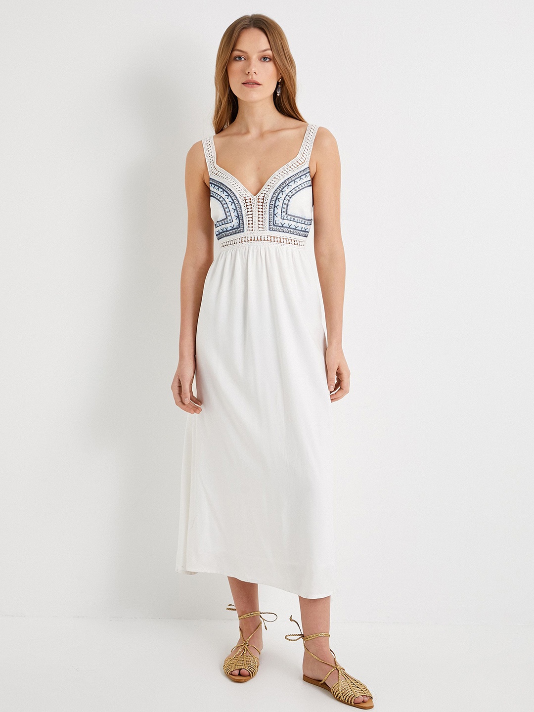 

Koton Embroidered Shoulder Straps Fit & Flare Midi Dress, White