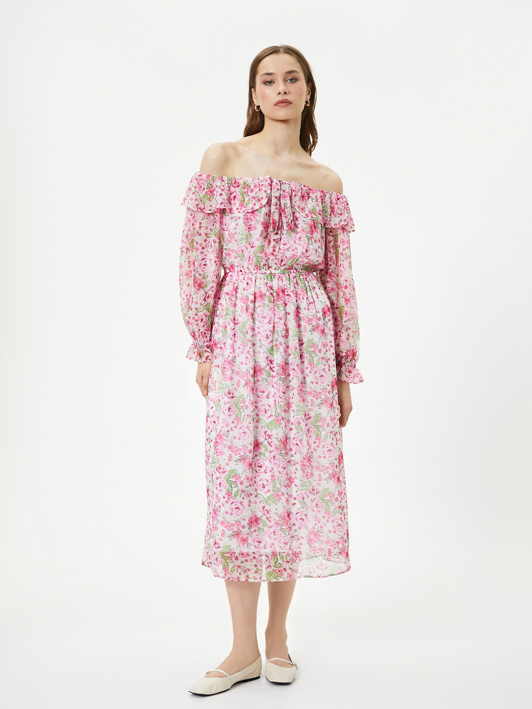 

Koton Floral Printed Off-Shoulder Bandeau Dress, Pink