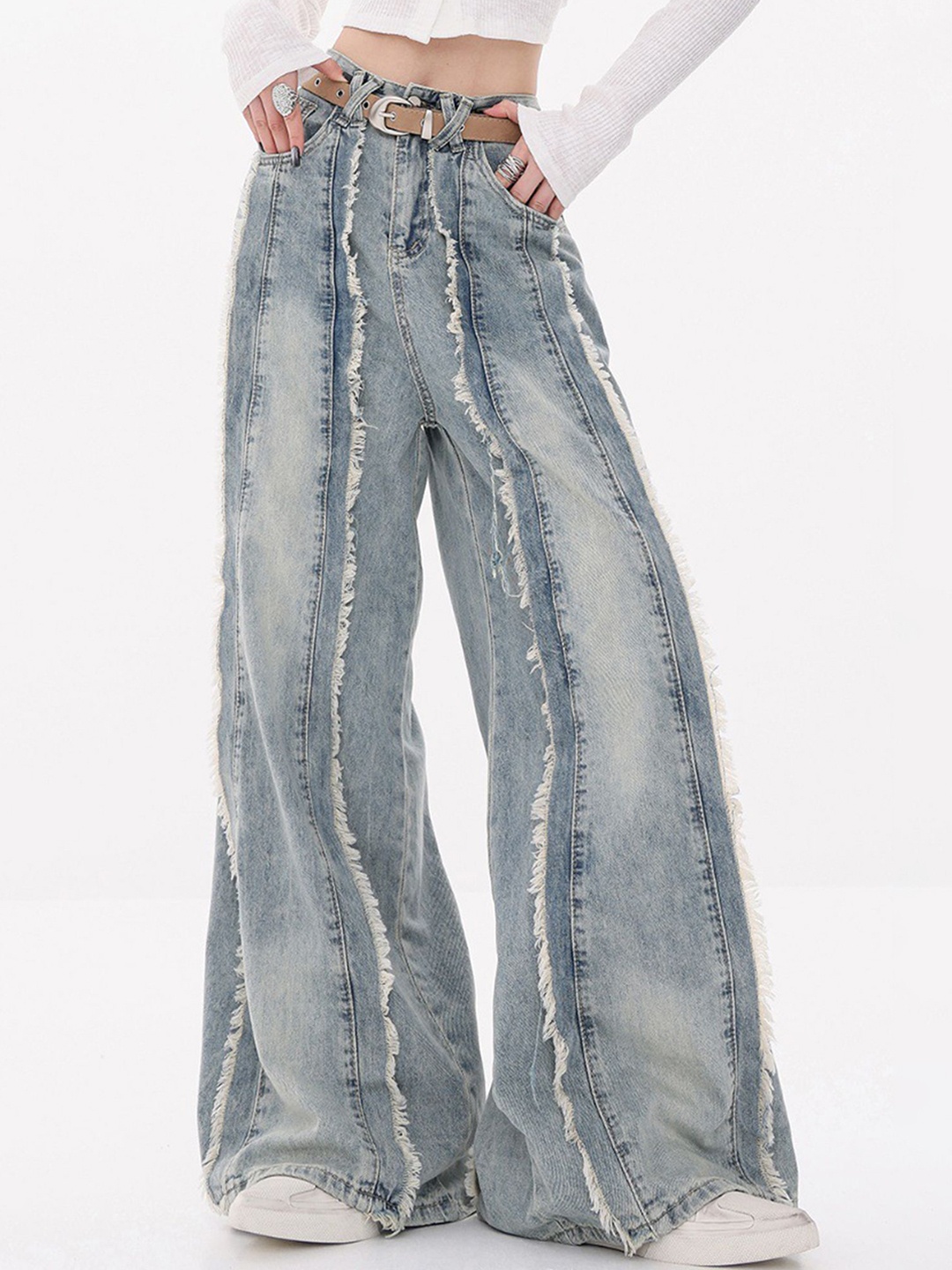 

LULU & SKY Women Wide Leg High-Rise Heavy Fade Jeans, Blue