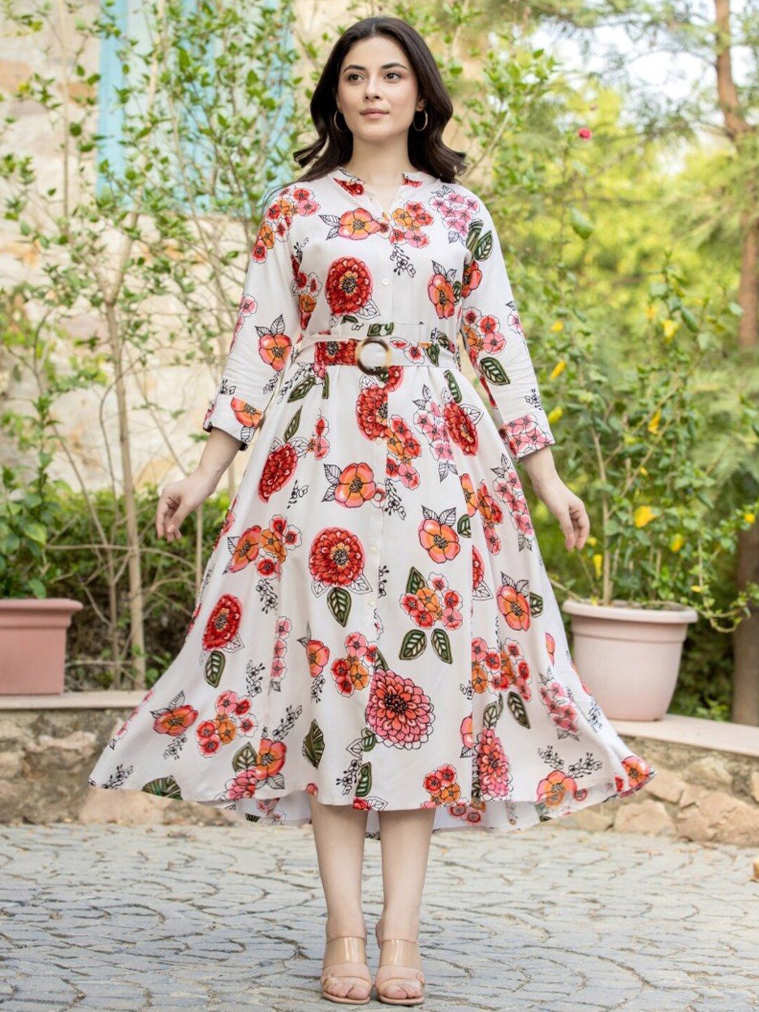 

FREYAA Women Floral Printed A-Line Dress Comes with a belt, Beige