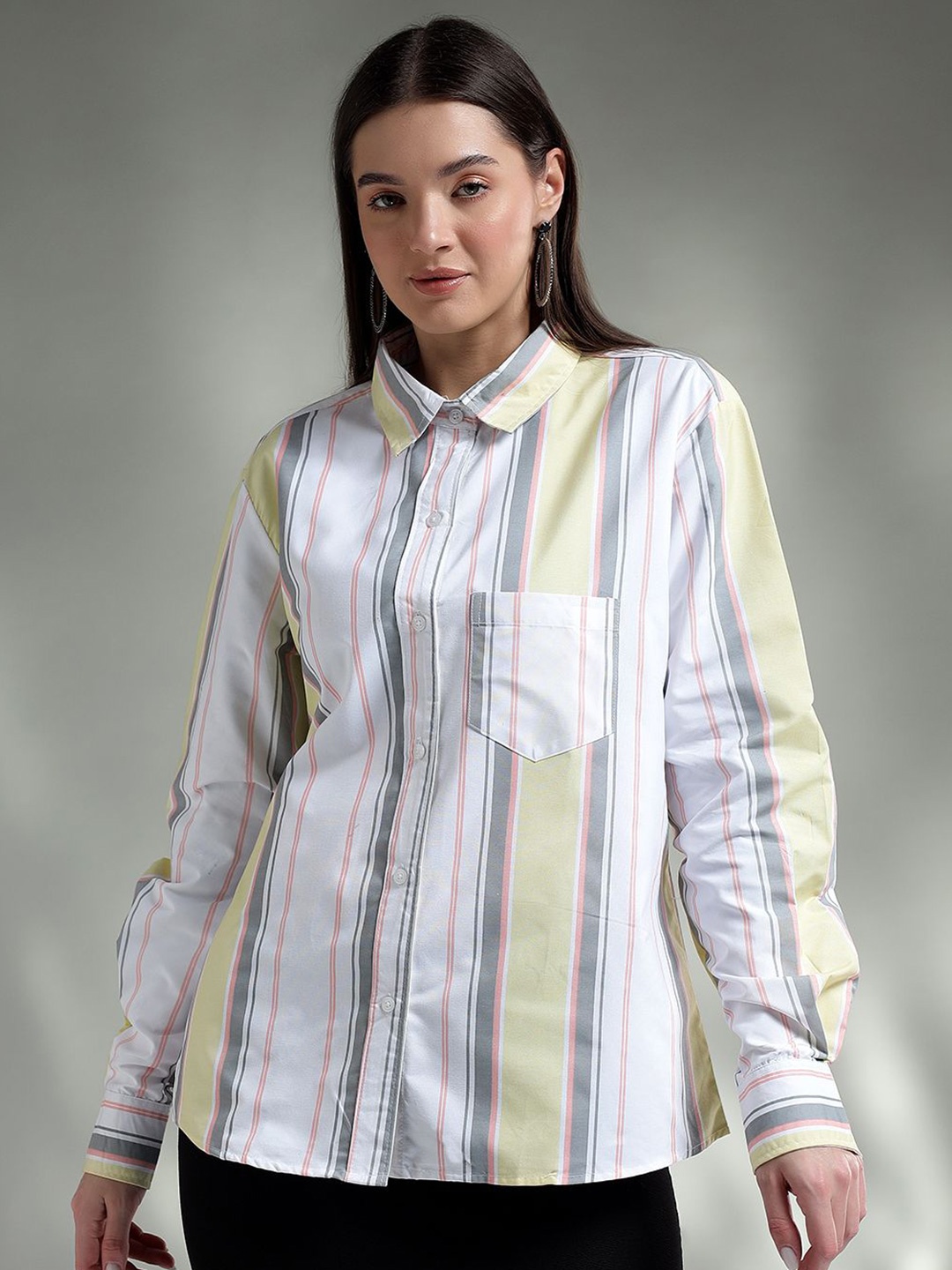 

Kotty Women Spread Collar Vertical Striped Cotton Oversized Casual Shirt, White