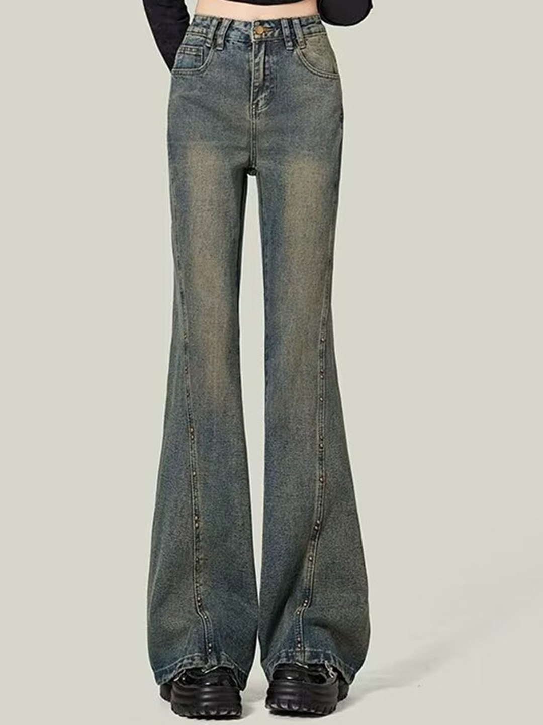 

LULU & SKY Women Flared High-Rise Heavy Fade Jeans, Blue