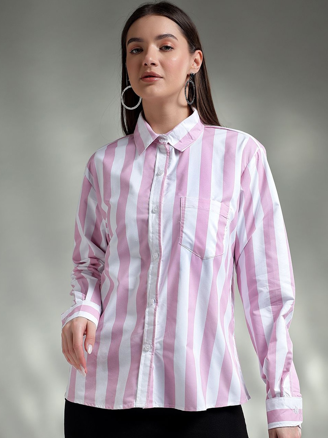 

Kotty Women Spread Collar Striped Cotton Casual Shirt, White