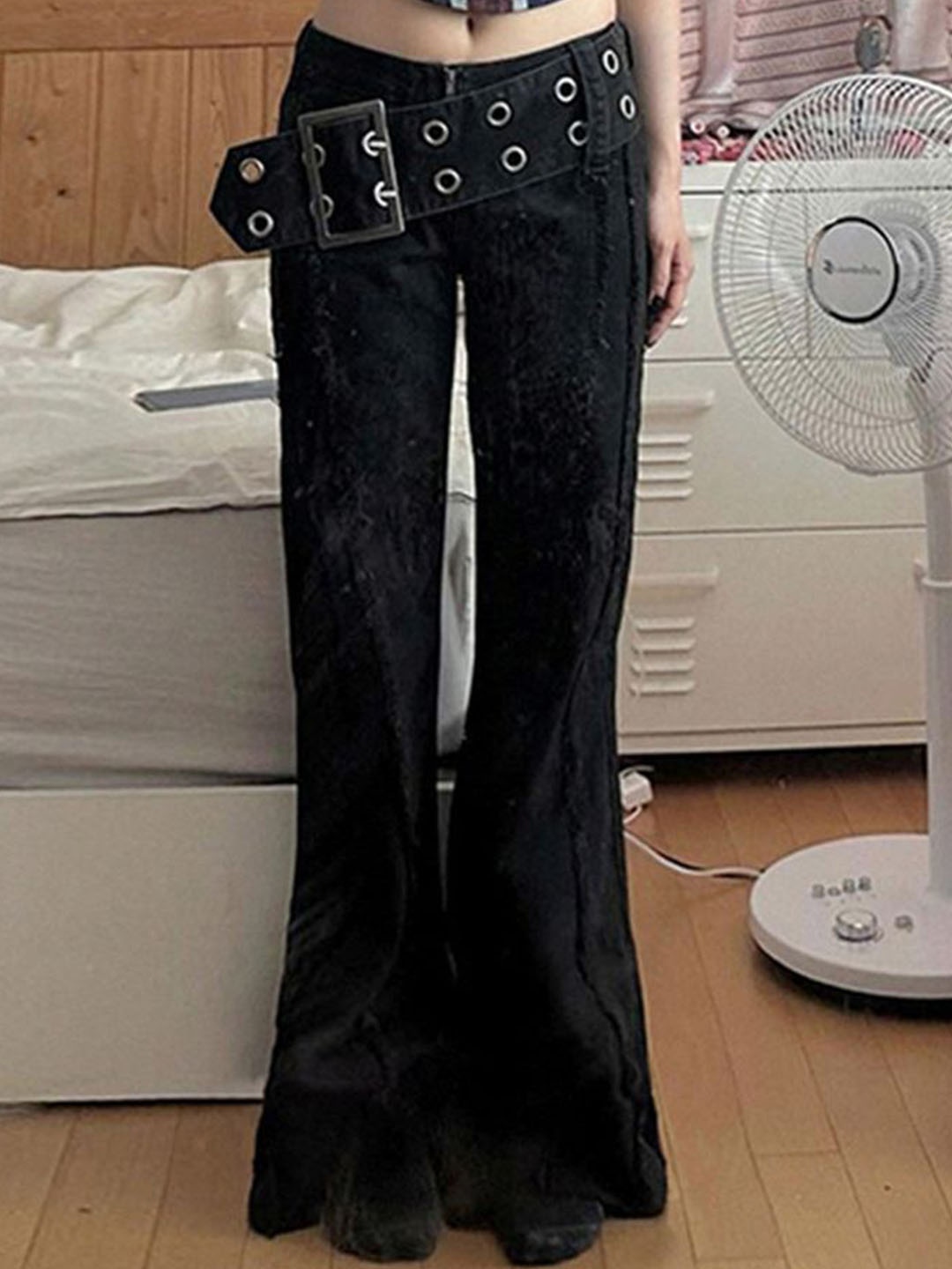 

LULU & SKY Women Cotton Frayed Trim Flared Mid-Rise Jeans, Black
