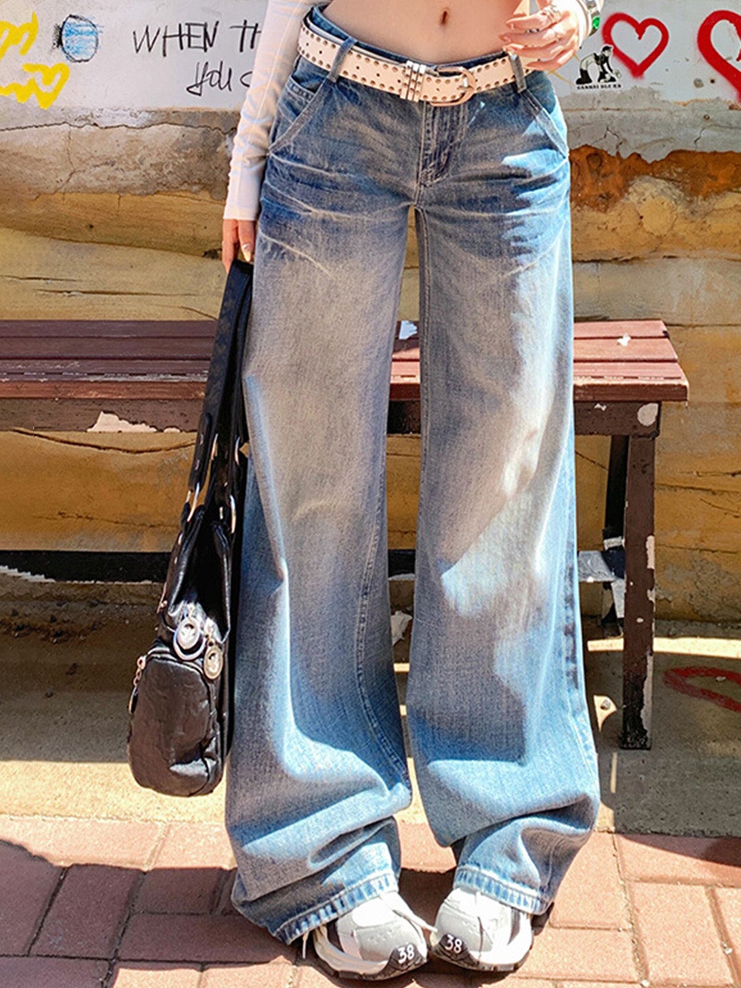 

LULU & SKY Women Wide Leg Low-Rise Jeans, Blue