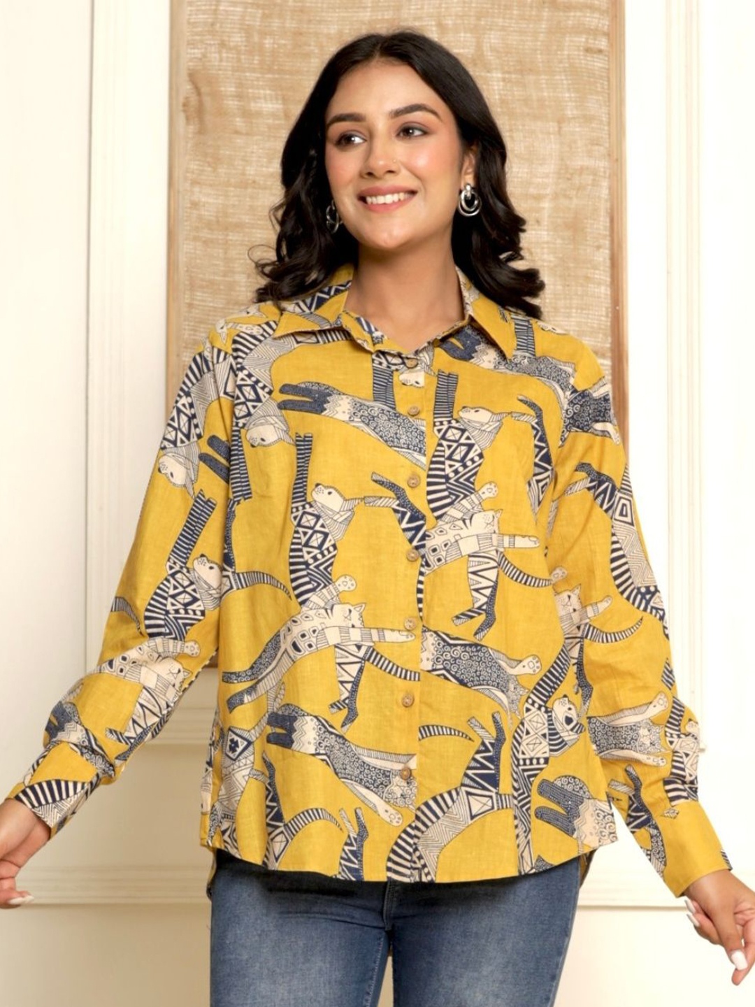 

Gulaal Women Comfort Spread Collar Animal Printed Cotton Casual Shirt, Yellow