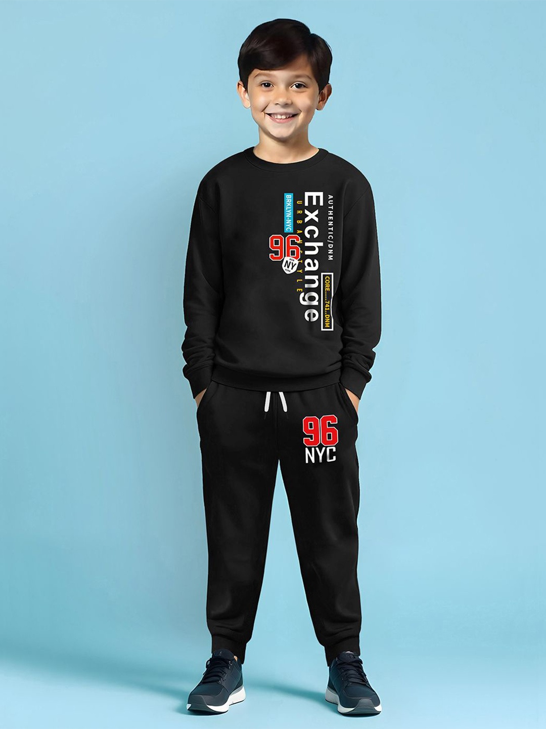 

HERE&NOW Boys Round Neck Printed Sweatshirt With Joggers, Black