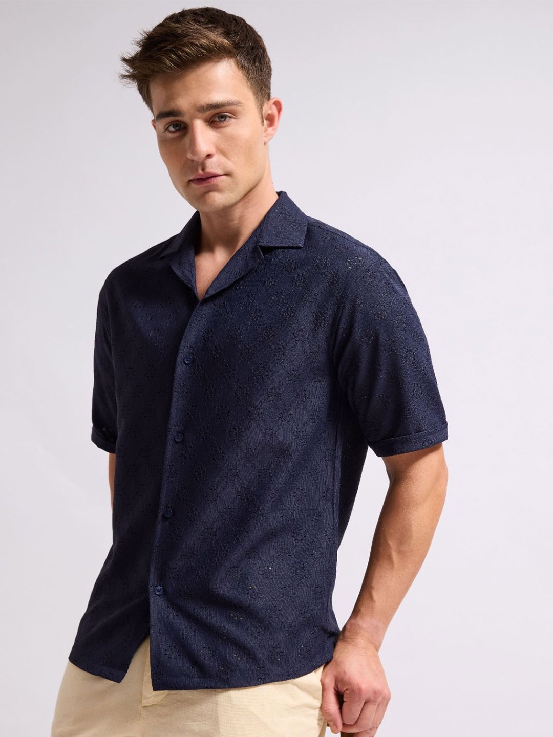 

MISCHIEF MONKEY Men Classic Fit Cuban Collar Textured Cotton Boxy Casual Shirt, Navy blue