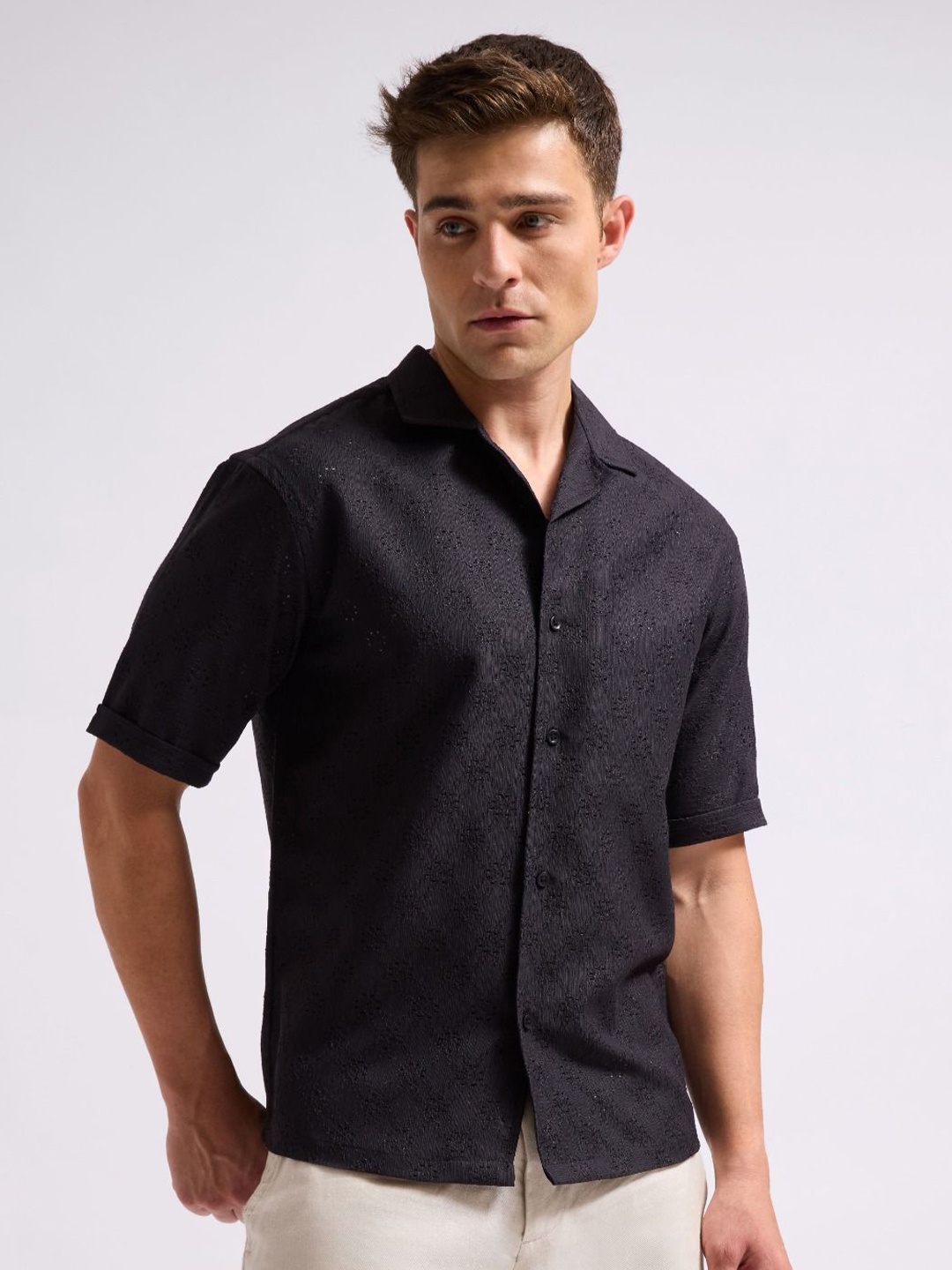 

MISCHIEF MONKEY Men Classic Cuban Collar Solid Cotton Boxy Casual Shirt, Black