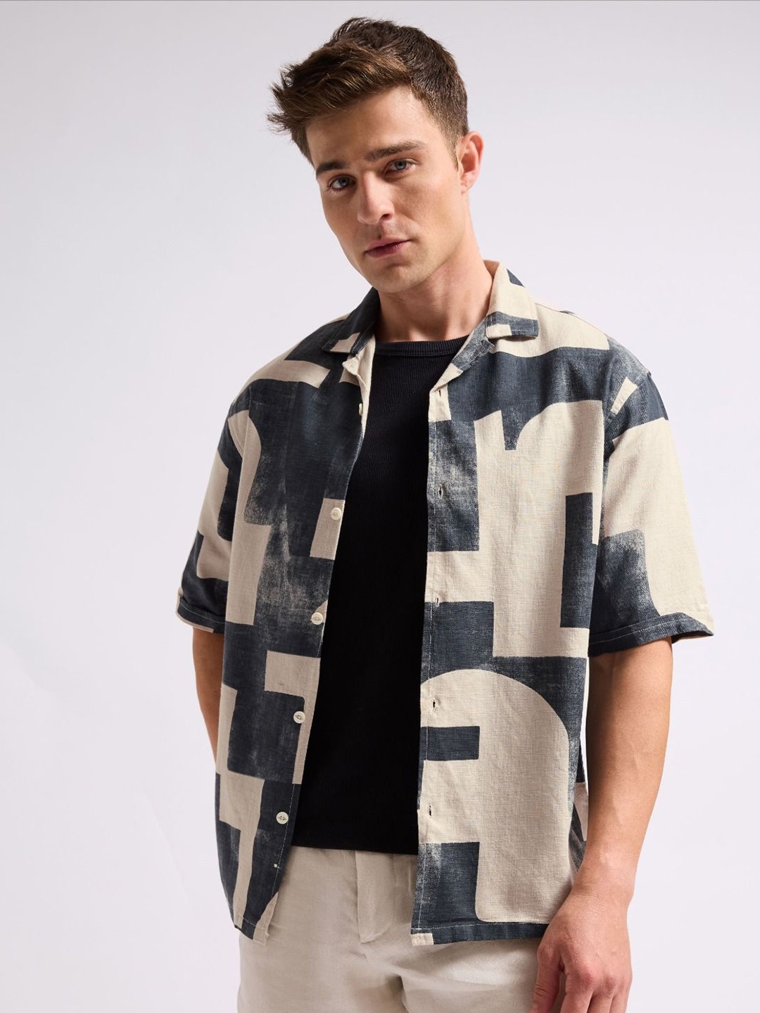 

MISCHIEF MONKEY Men Classic Relaxed Fit Cuban Collar Abstract Printed Cotton Casual Shirt, Khaki