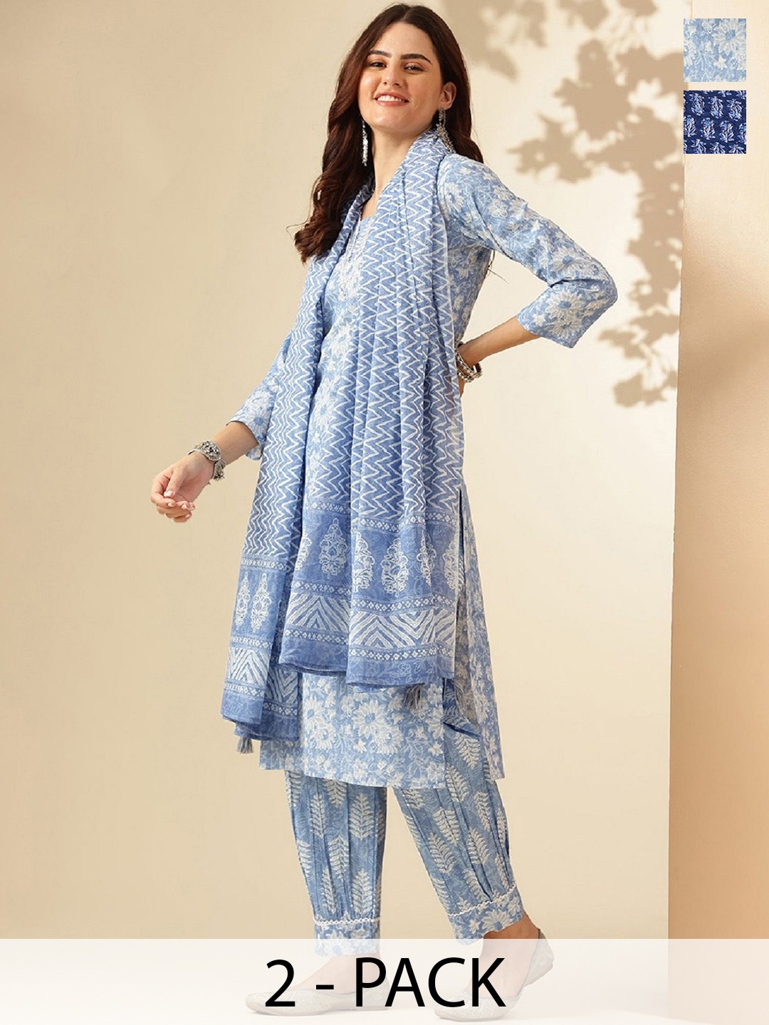 

KALINI Selection of 2 Floral Printed Thread Work Straight Kurta With Trousers & Dupatta, Blue