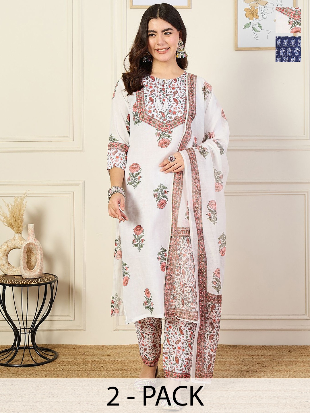 

KALINI Pack Of 2 Floral Printed Round Neck Straight Kurta With Trousers & Dupatta, White