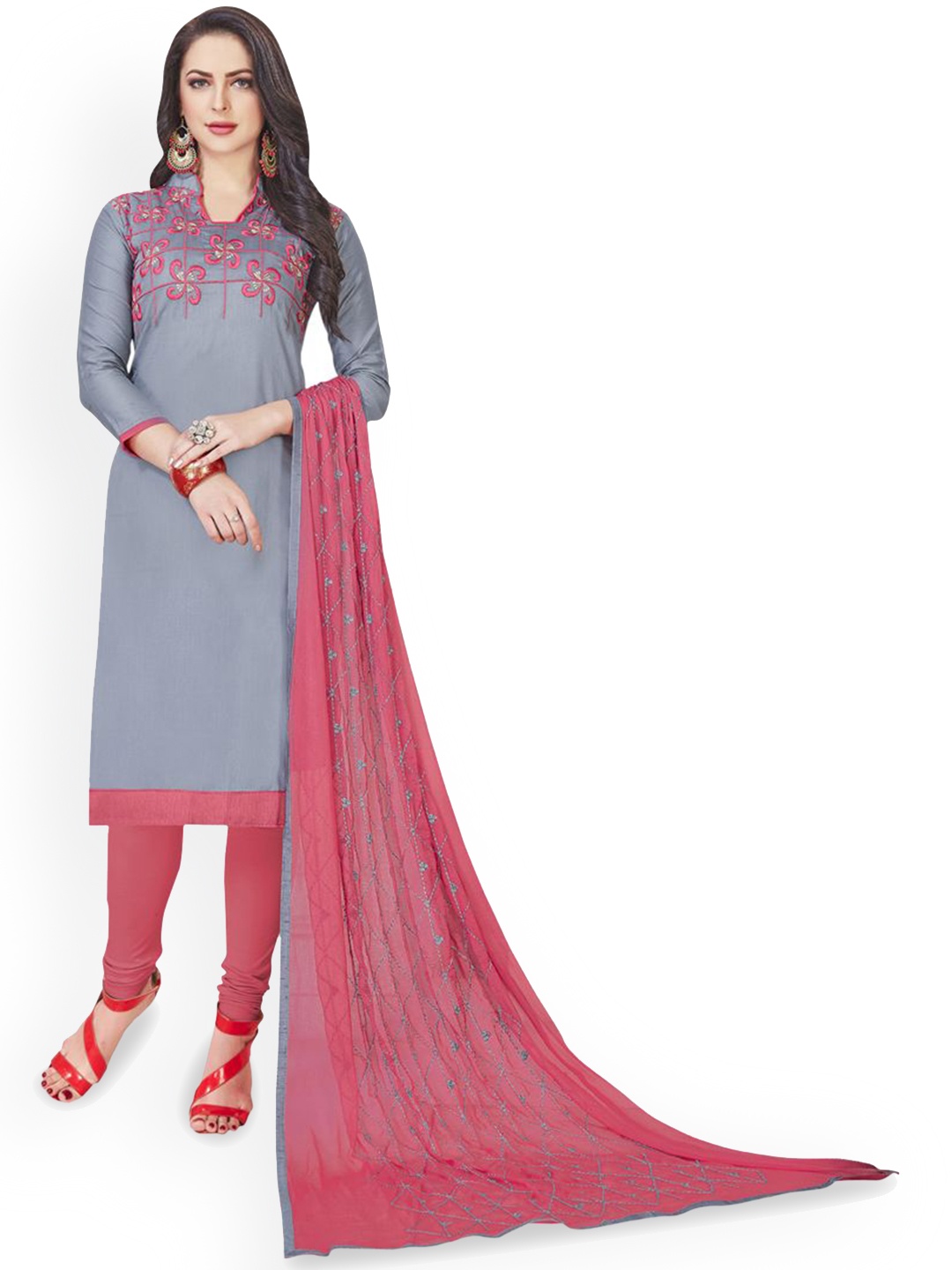 

Maroosh Floral Embroidered Unstitched Dress Material, Grey