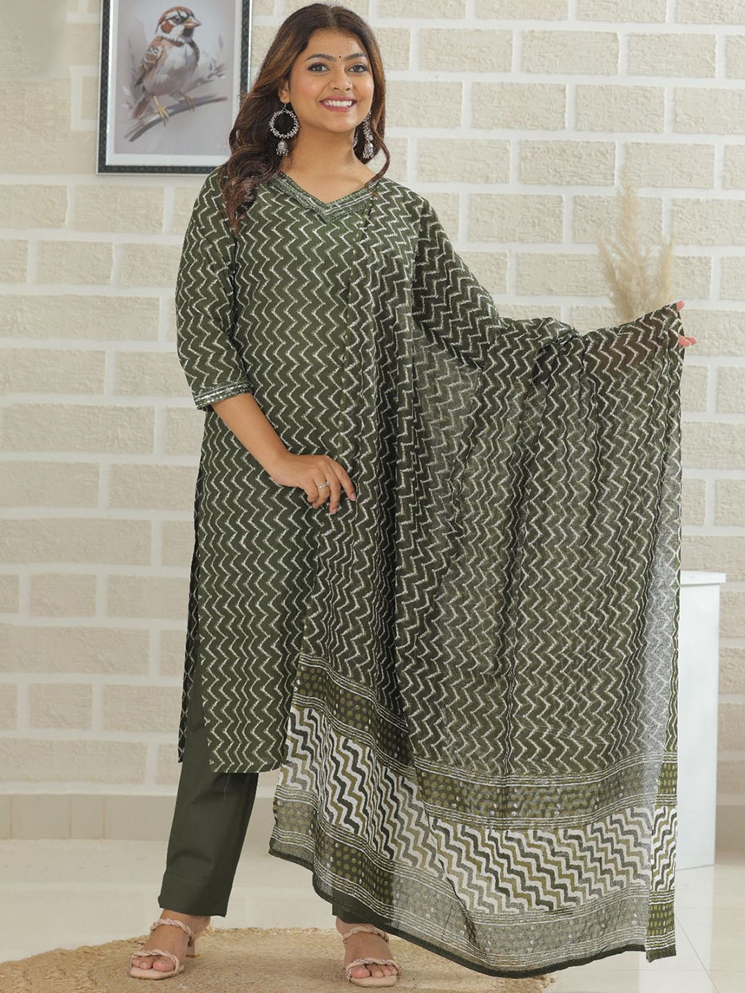 

KALINI Chevron Printed V-Neck Sequinned Pure Cotton A-Line Kurta With Trousers & Dupatta, Olive