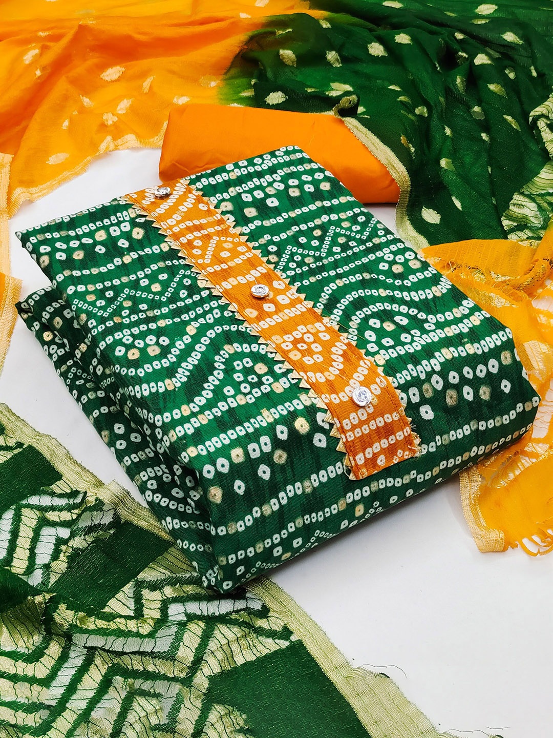 

Maroosh Bandhani Printed Gotta Patti Unstitched Dress Material, Green