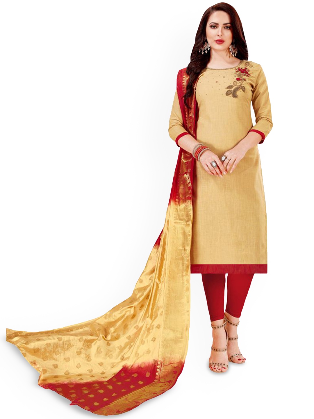 

Maroosh Floral Embroidered Unstitched Dress Material, Beige