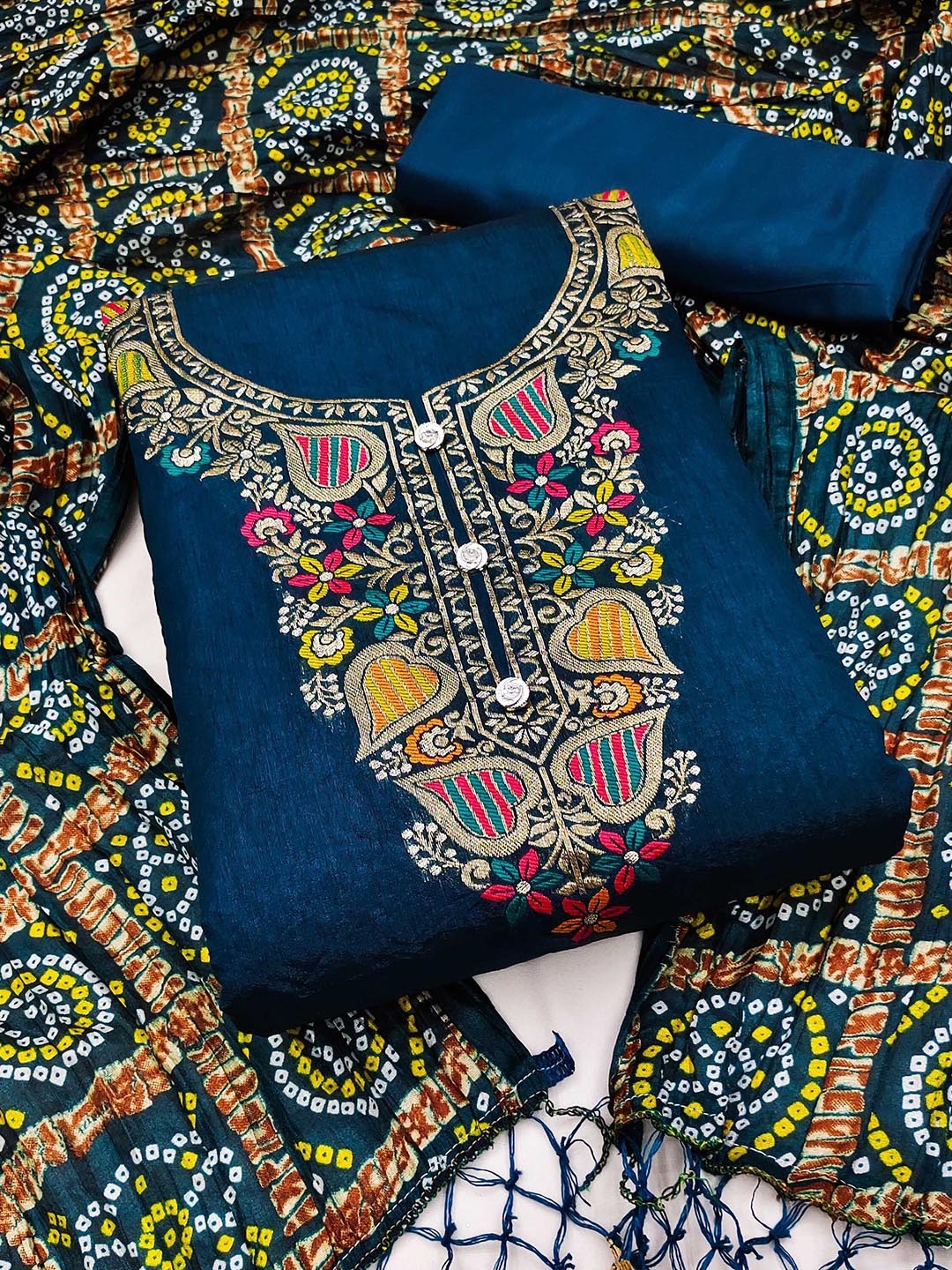 

Maroosh Ethnic Motifs Woven Design Unstitched Dress Material, Turquoise blue