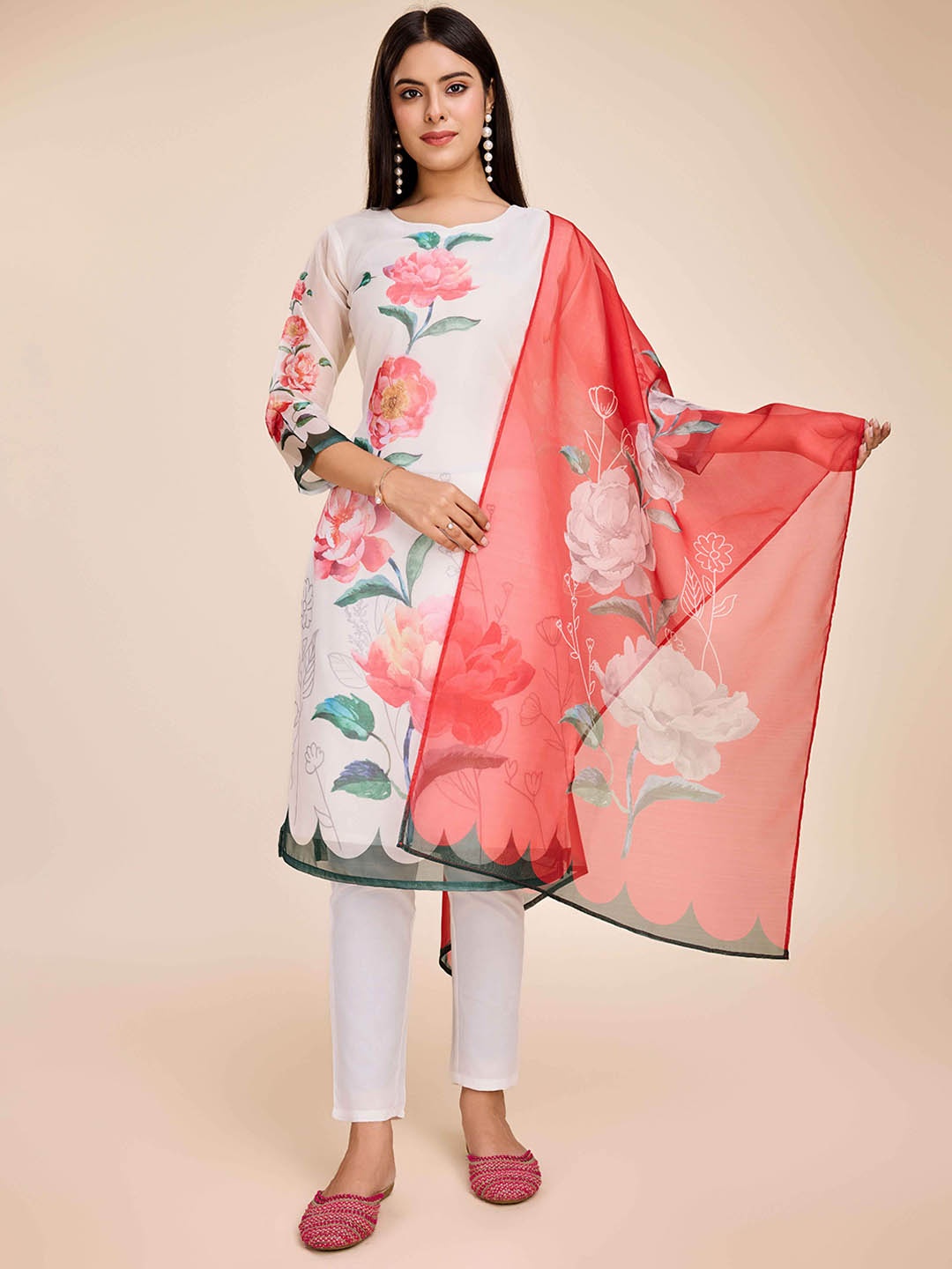 

choiceit Floral Printed Kurta with Trousers & Dupatta, White