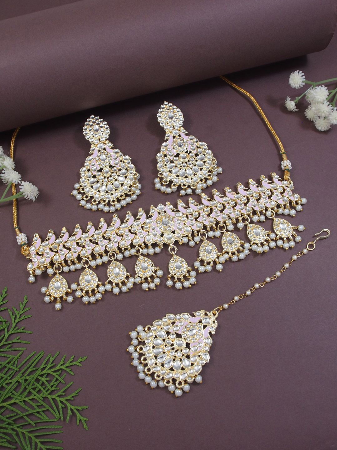 

I Jewels Gold Plated Kundan & Pearl Meenakari Jewellery Set