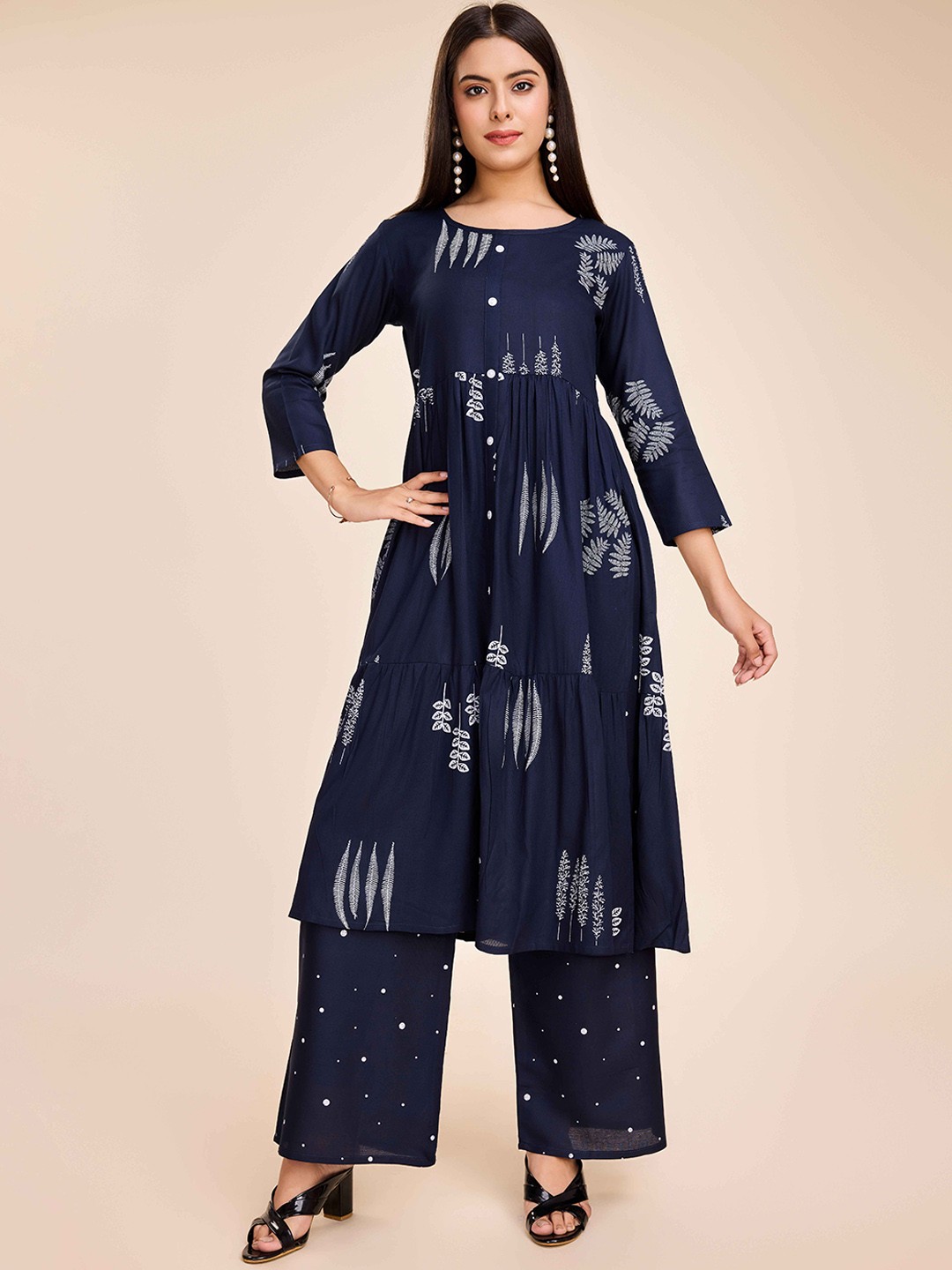 

choiceit Floral Printed Pleated Pure Cotton Kurta with Palazzo, Blue