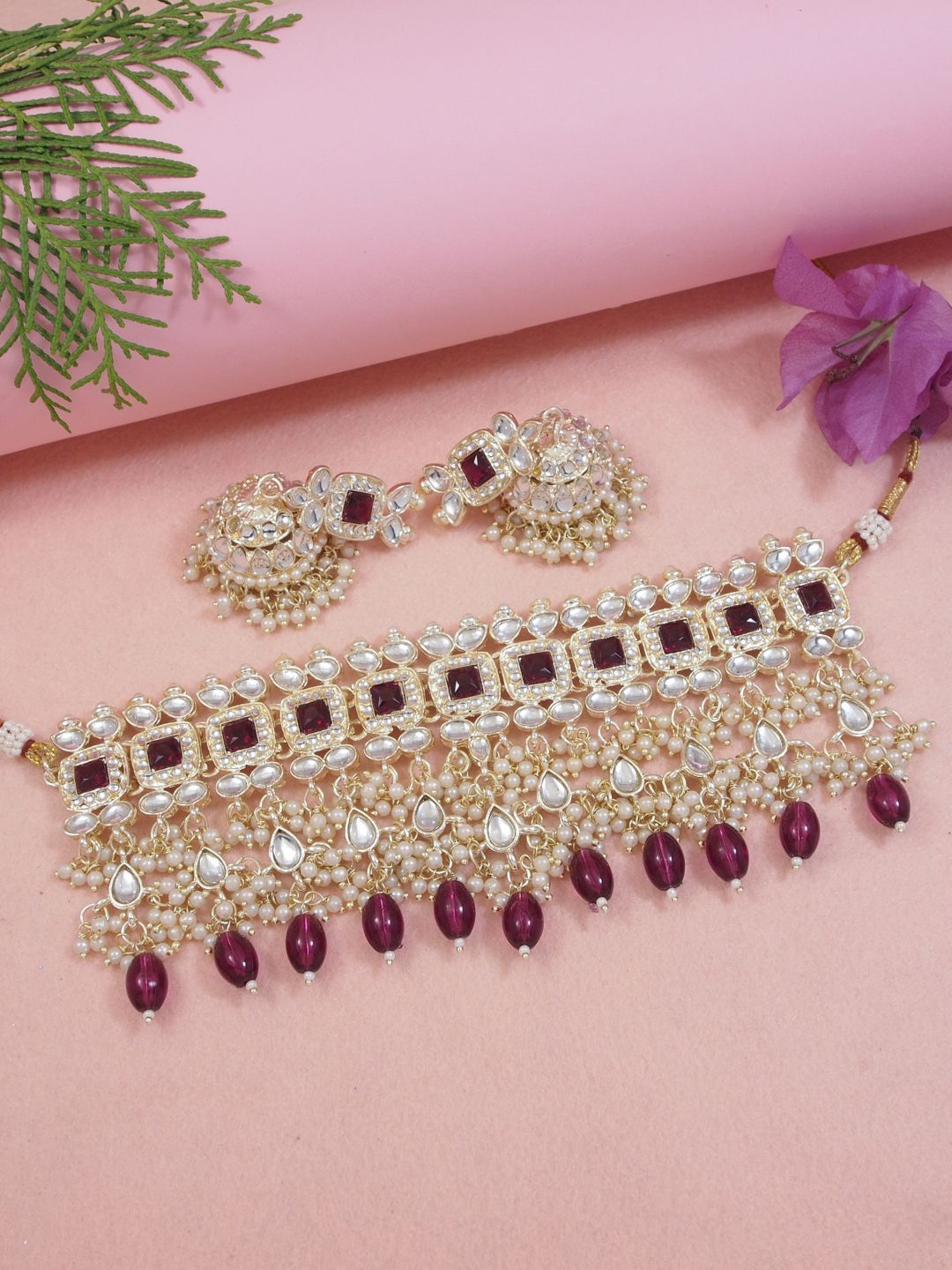

I Jewels Gold Plated Kundan & Pearl Bridal Traditional Jewellery Set