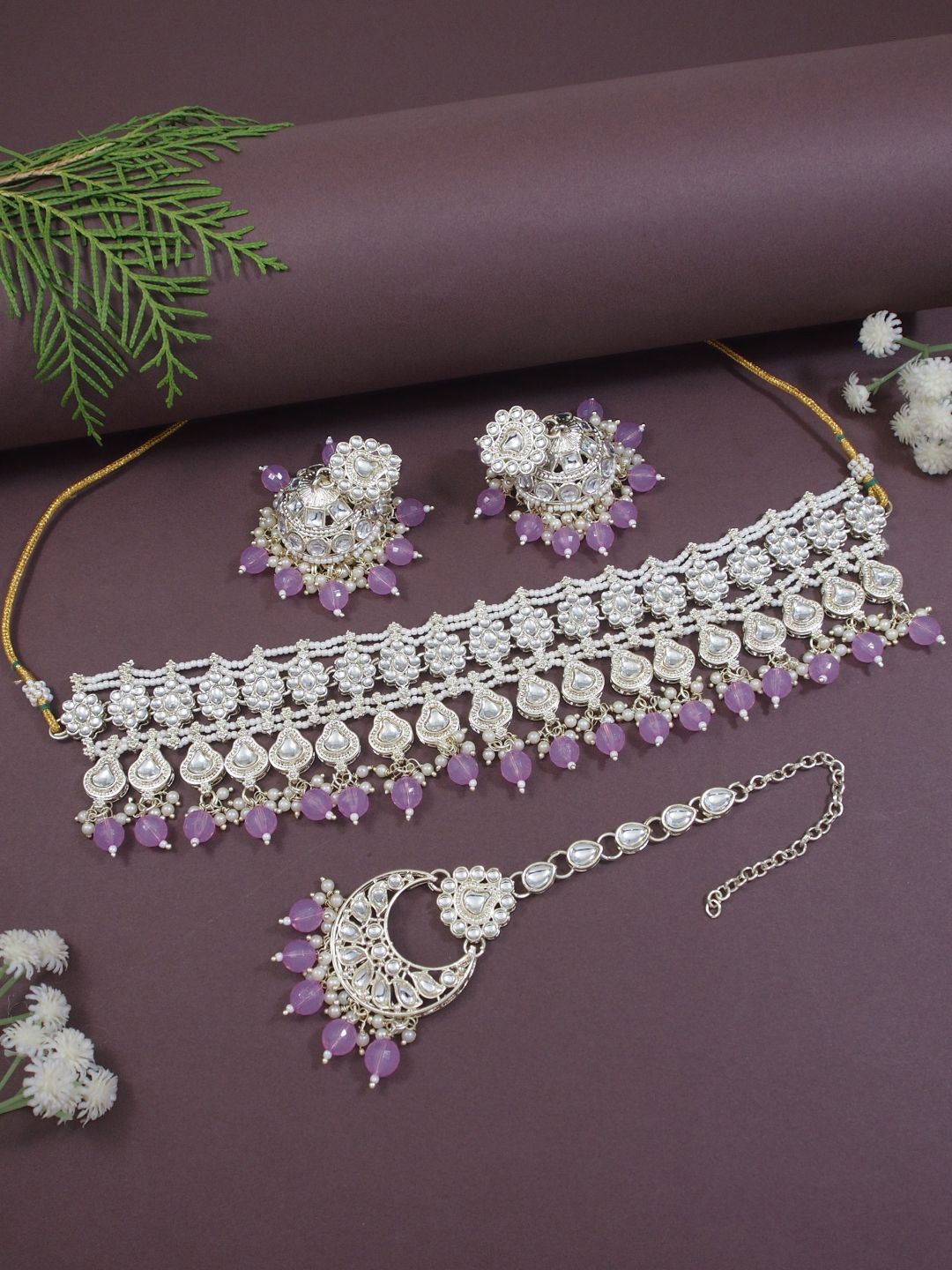 

I Jewels Gold Plated Traditional Kundan & Pearls Choker Necklace Jewellery Set