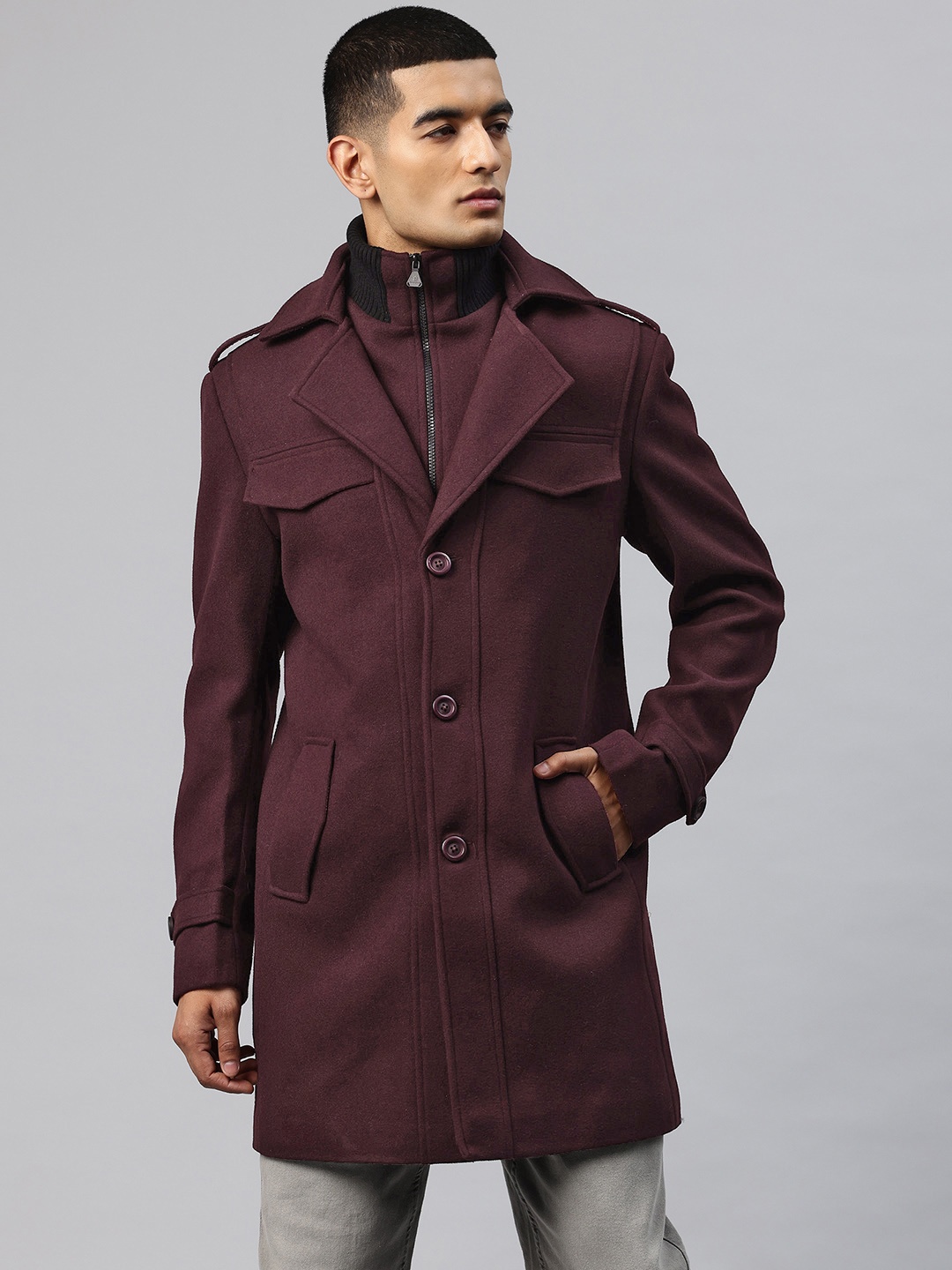 

Pierre Carlo Men Double Collar Tweed Trench Coat, Burgundy