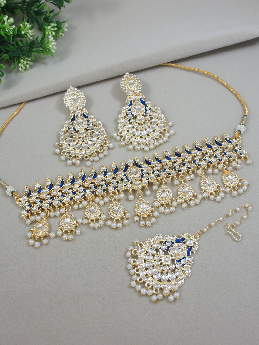 

I Jewels Gold Plated Kundan & Pearl Traditional Meenakari Jewellery Set