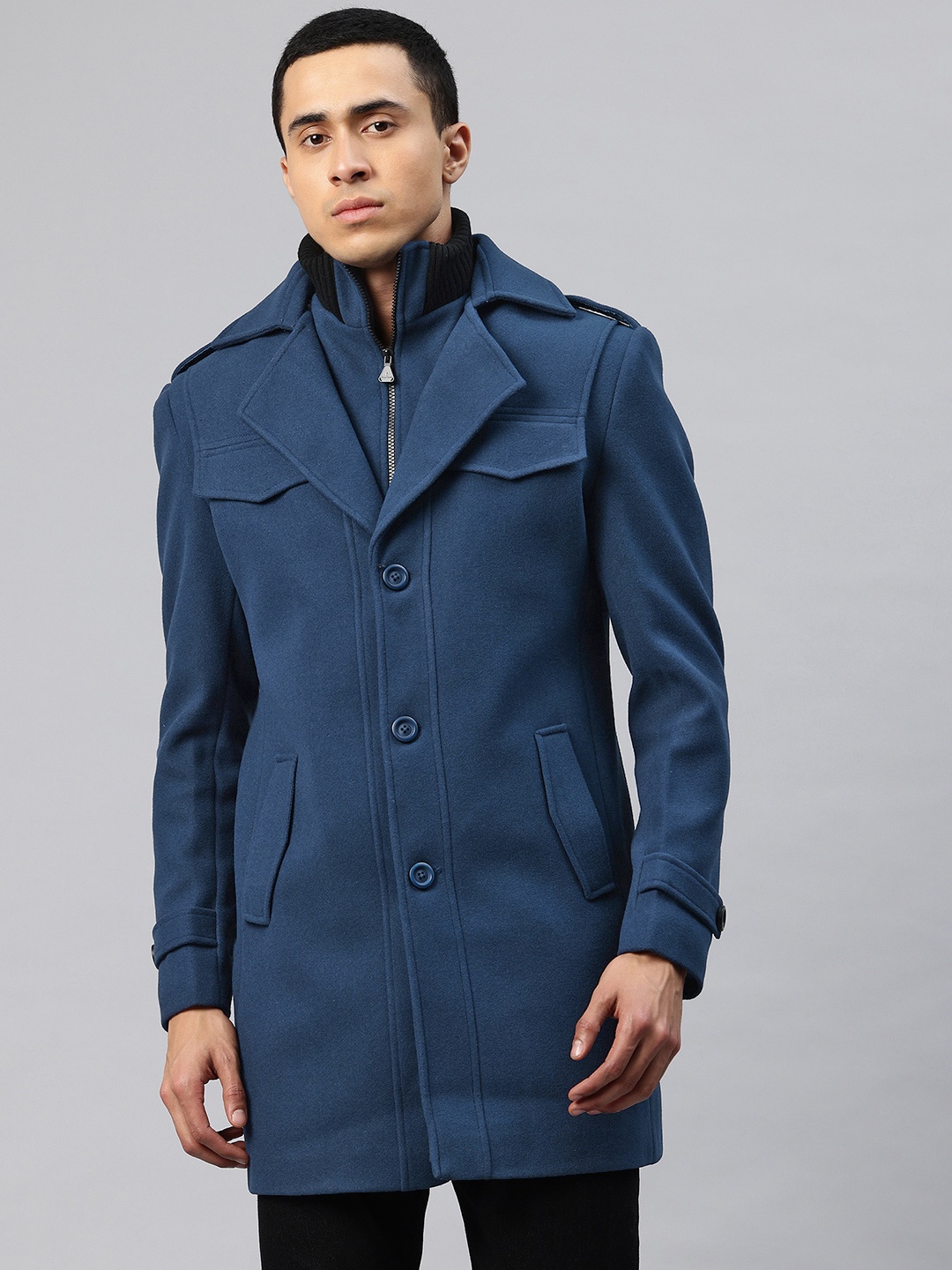 

Pierre Carlo Men Double Collar Tweed Trench Coat, Blue