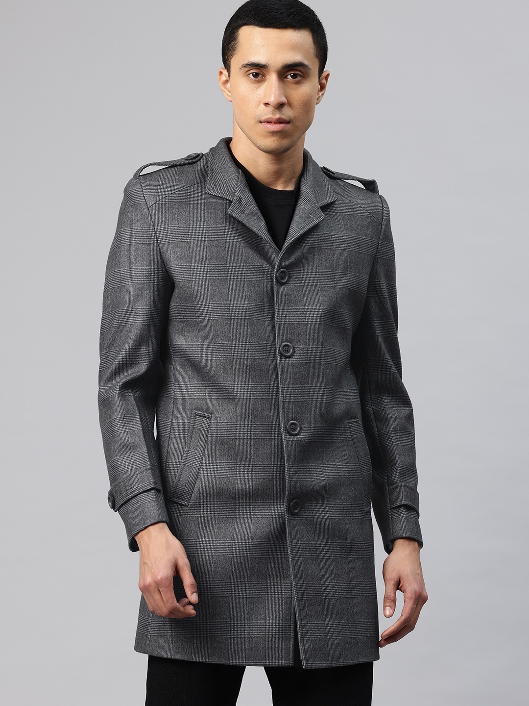 

Pierre Carlo Men Checked Tweed Trench Coat, Grey