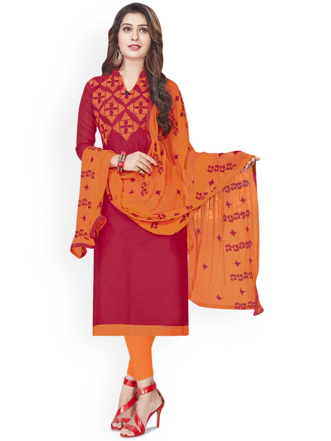 

Maroosh Floral Embroidered Unstitched Dress Material, Red