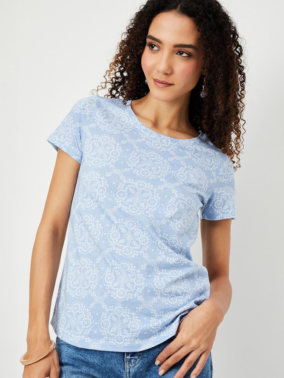 

max Women Floral Printed Round Neck Cotton T-shirt, Blue