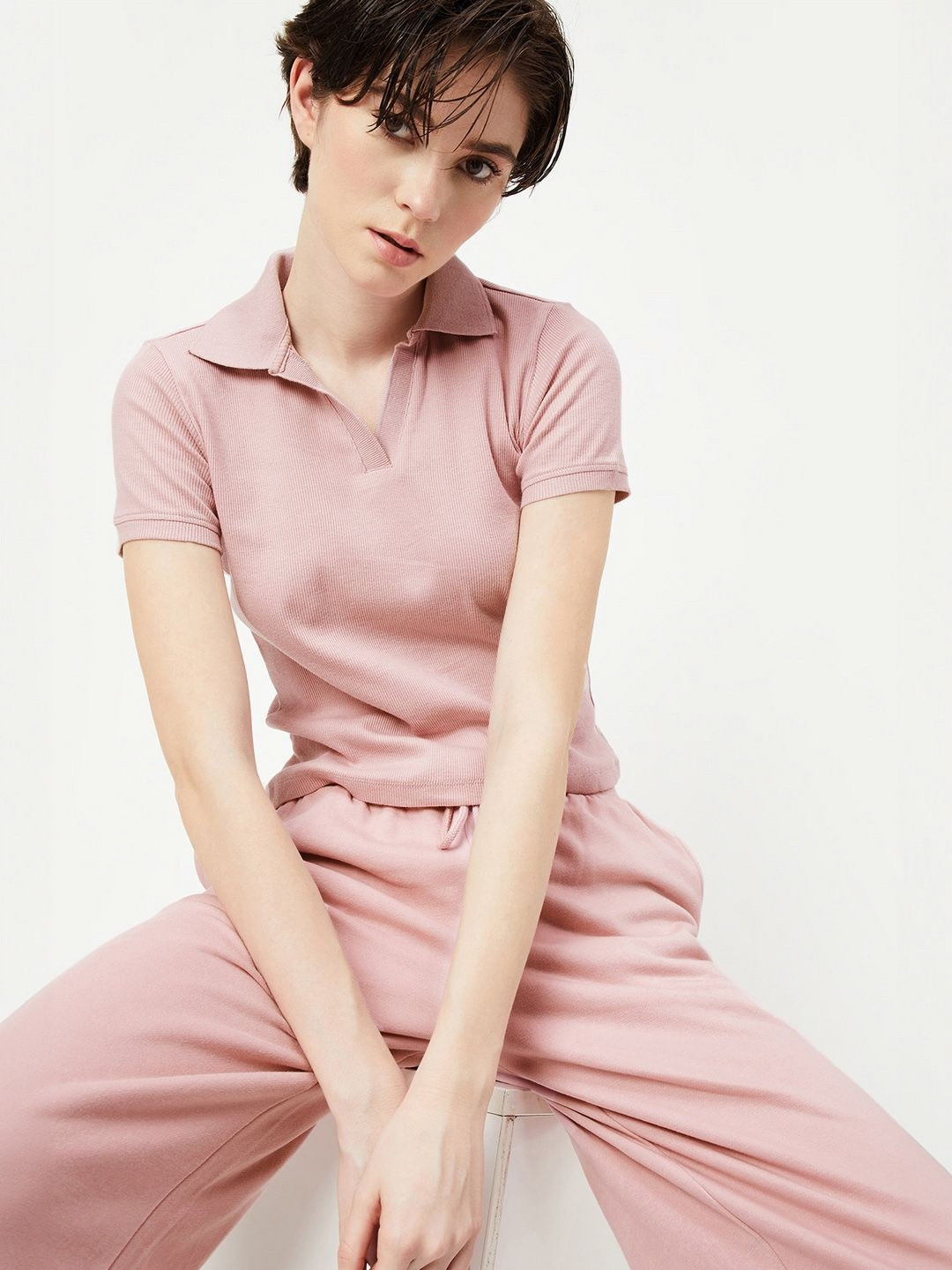 

max Women Self Design Polo Collar Cotton T-shirt, Peach