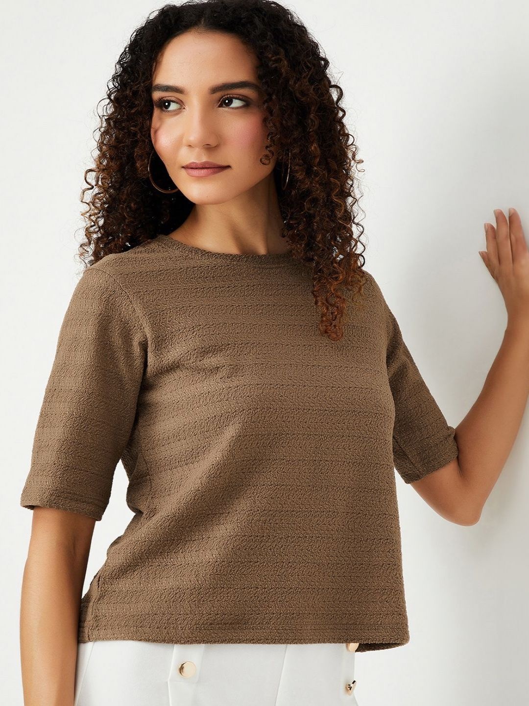 

max Women Self Design Round Neck T-shirt, Brown