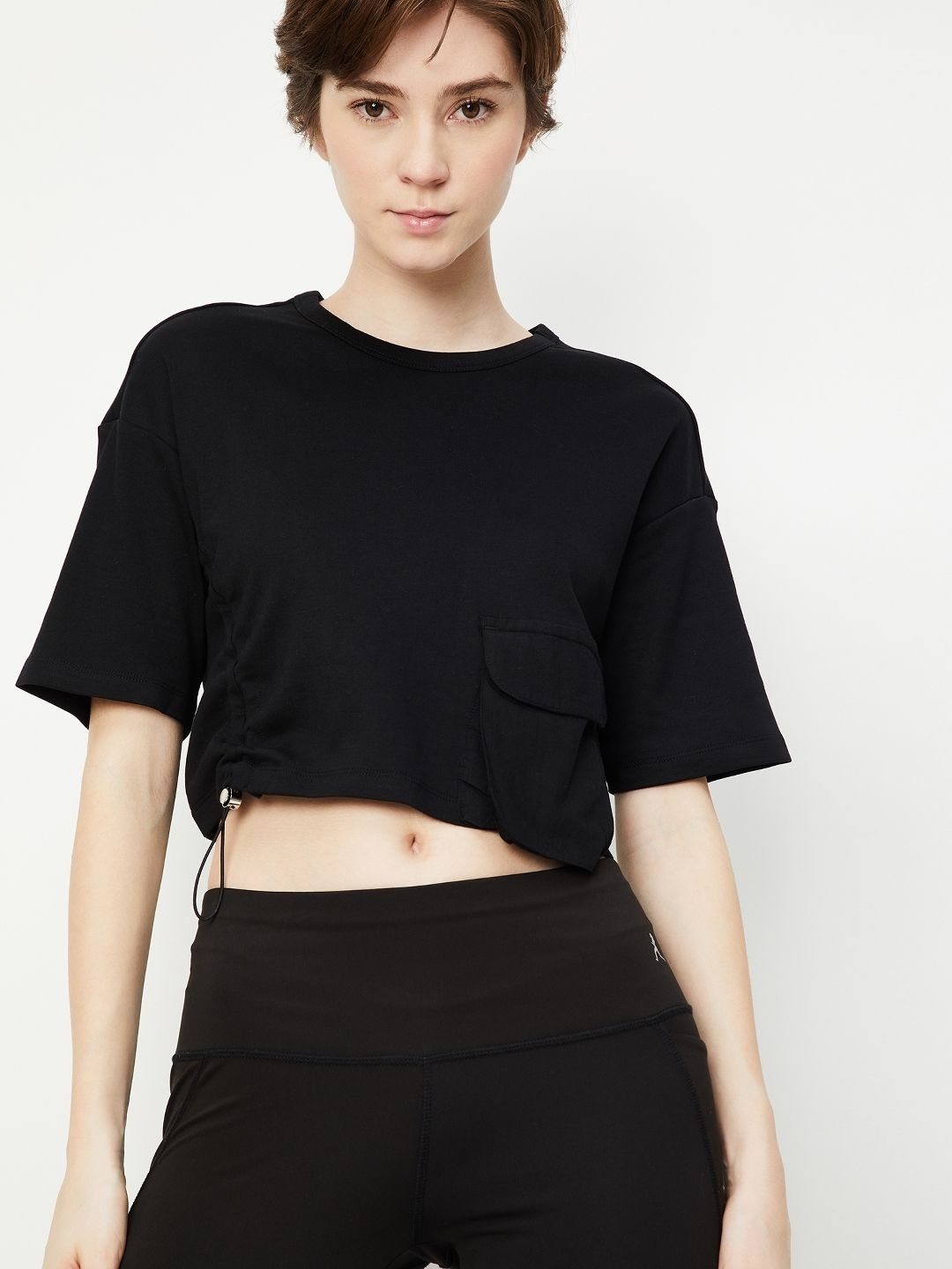 

max Women Solid Round Neck Cotton T-shirt, Black