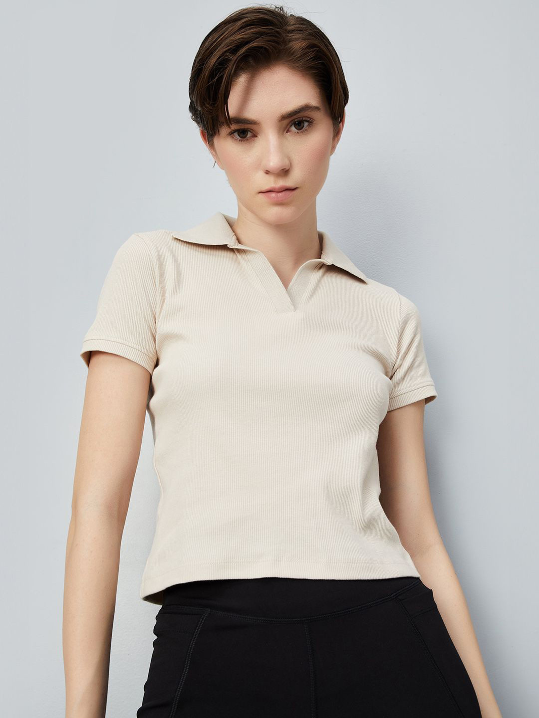 

max Women Solid Polo Collar Cotton T-shirt, Beige