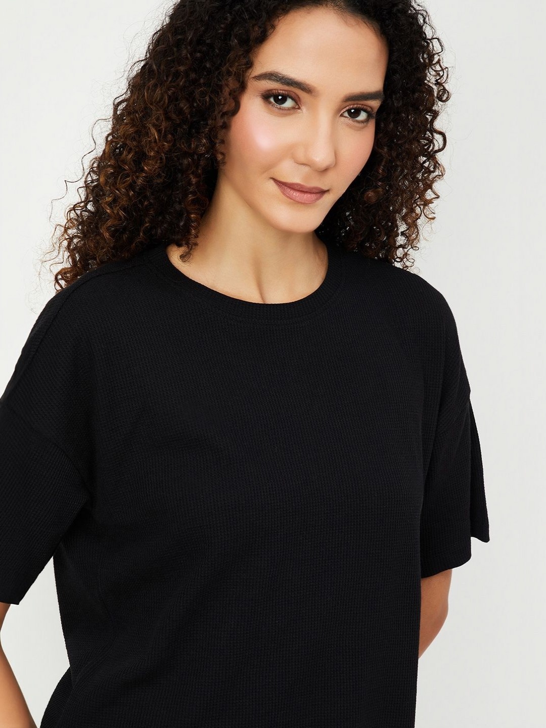 

max Women Self Design Round Neck Cotton T-shirt, Black