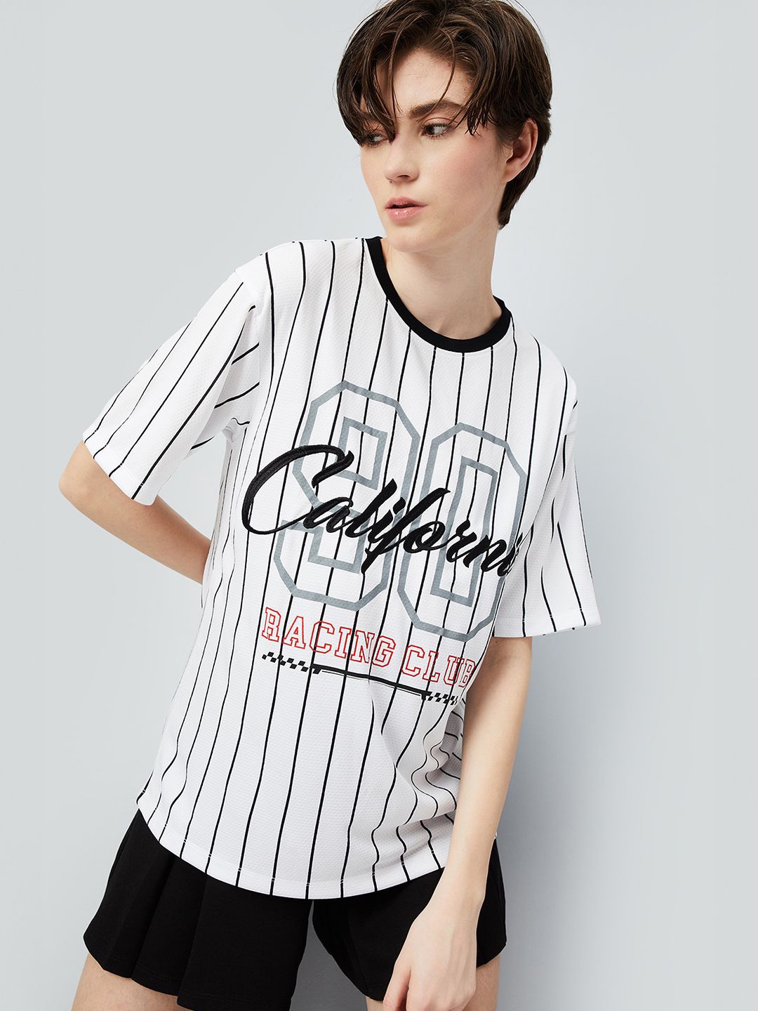 

max Women Striped Round Neck T-shirt, White