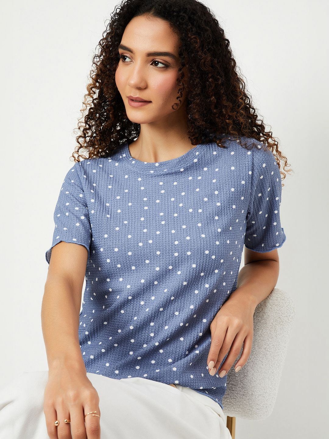 

max Women Polka Dots Printed Round Neck T-shirt, Blue