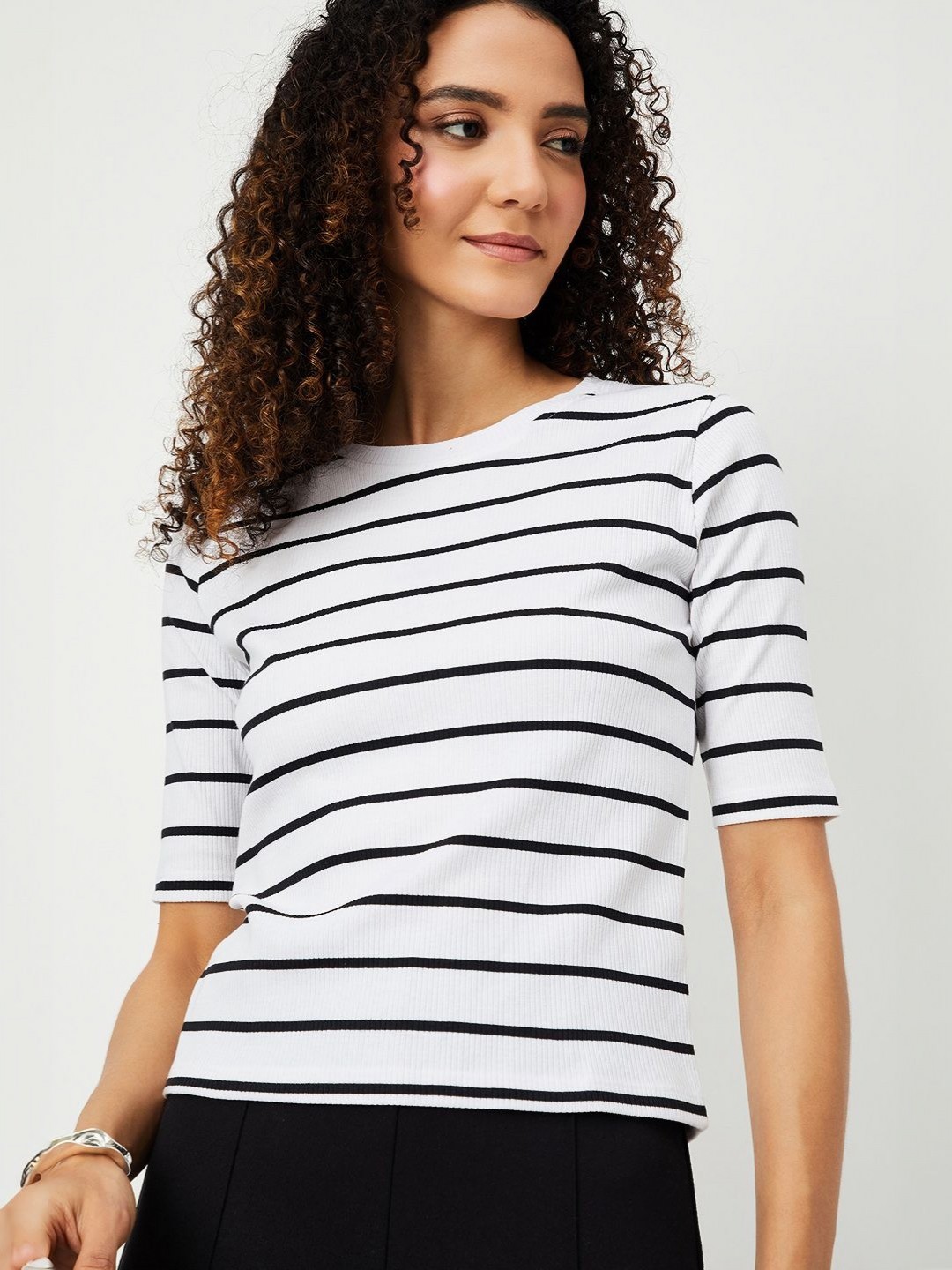 

max Women Striped Round Neck Cotton T-shirt, White