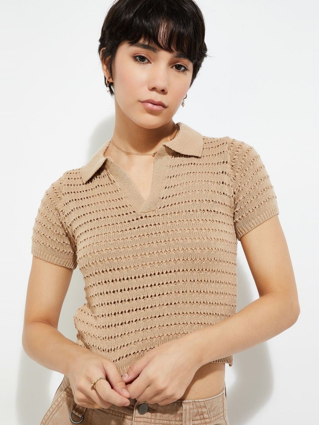 

MAX URB_N Open Knit Crop Polo T-shirt, Brown