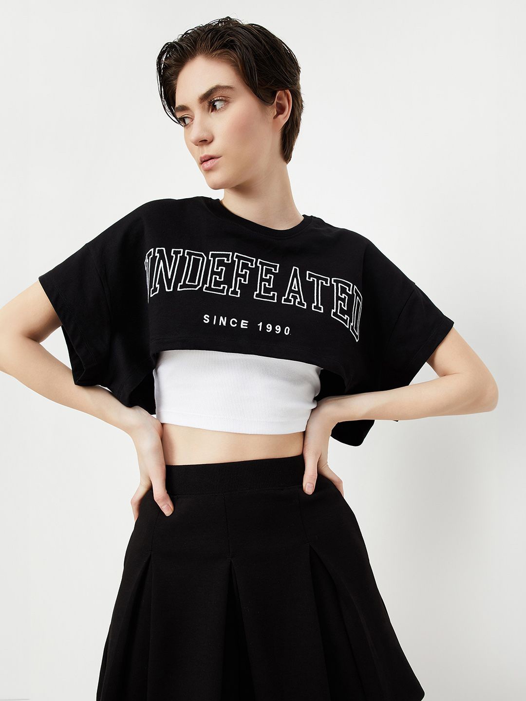 

max Women Typography Printed Drop-Shoulder Sleeves Pure Cotton T-shirt, Black