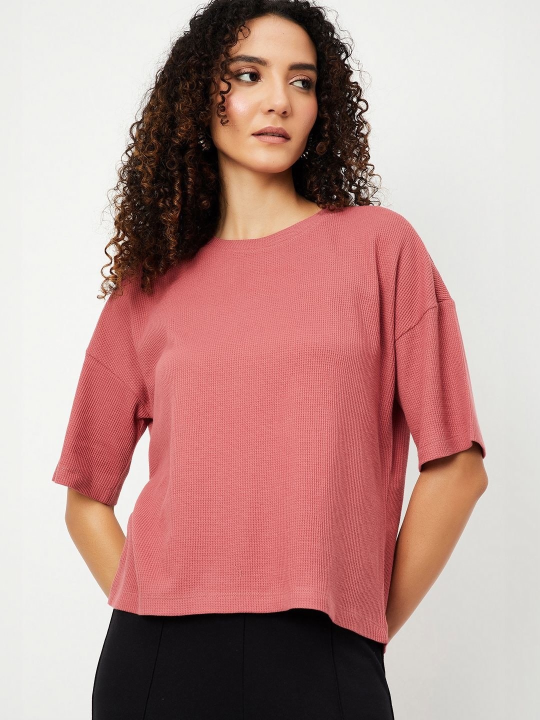 

max Women Self Design Round Neck Cotton T-shirt, Coral