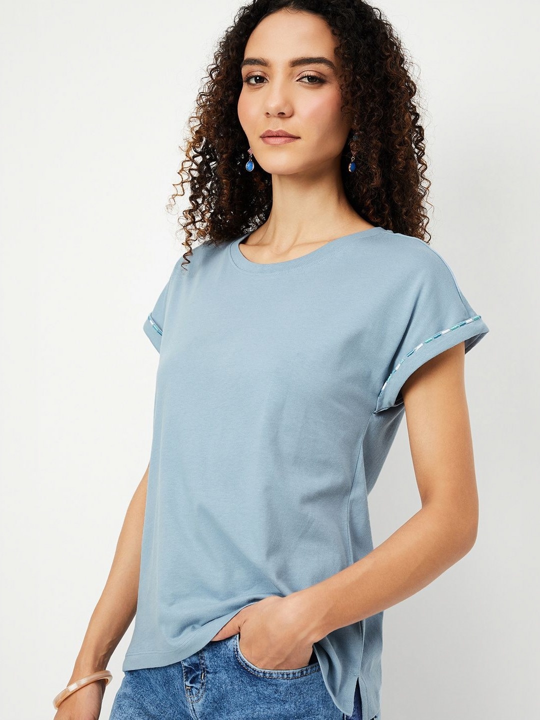 

max Women Solid Round Neck Cotton T-shirt, Blue