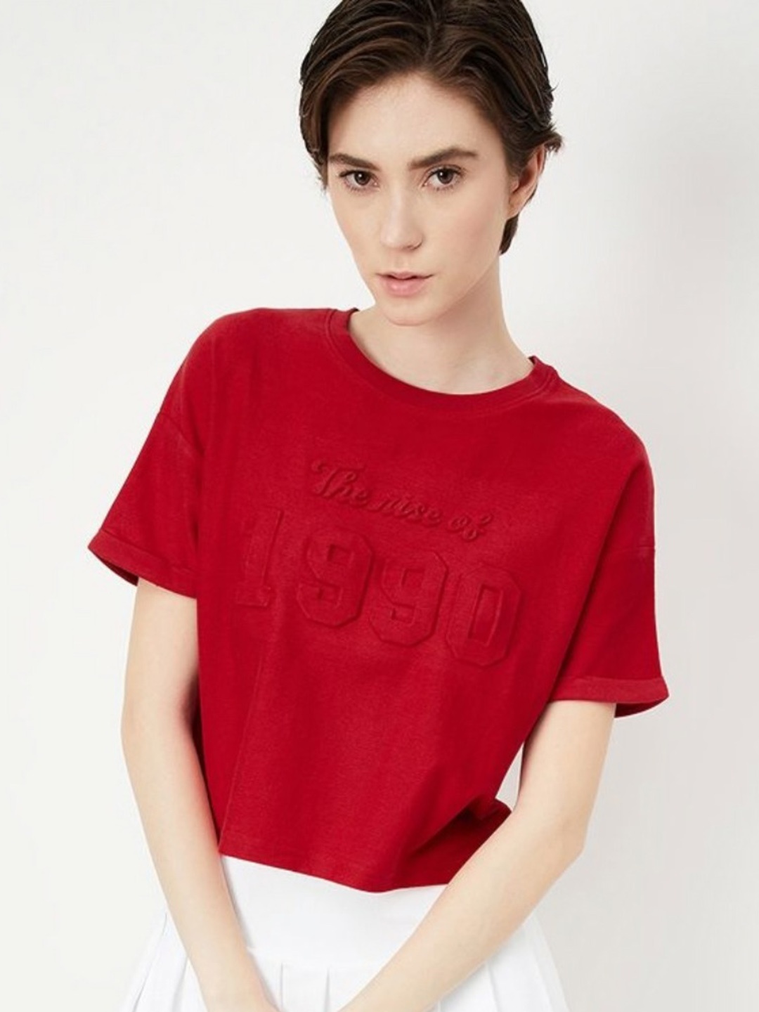 

max Women Typography Printed Round Neck Cotton T-shirt, Red